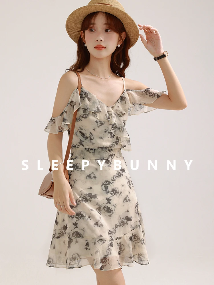 

Women's Floral Cold Shoulder Ruffle Strap Dress Summer A-Line Black Rose Print Chiffon Midi Sundress for Vacation Beach Date