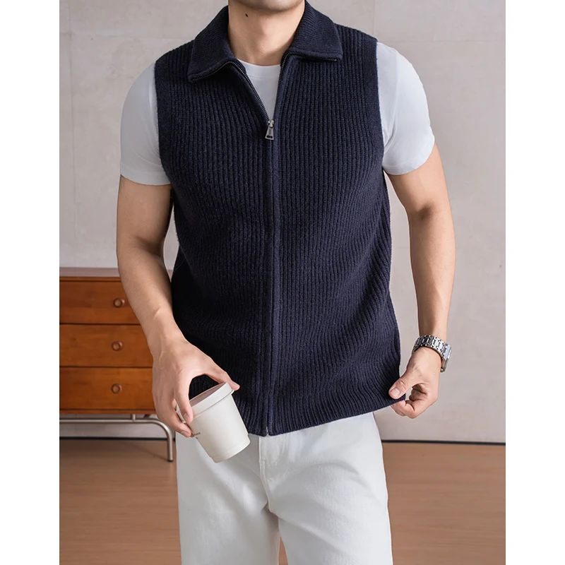 

Trendy 100% Sheep Wool Sweater Vest Men Autumn Winter Cashmere Wool Sleeveless Sweater Male Classic Zipper Knit Cardigan Vest