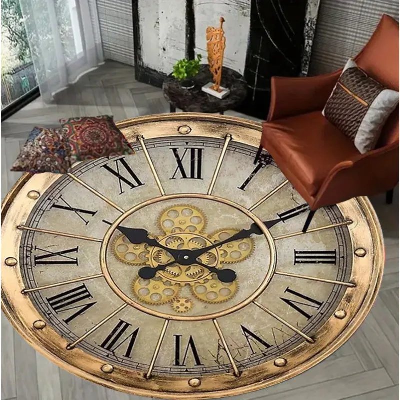 Vintage Clock Design Round Carpet European Luxury Home Decor Area Rug Soft Non-slip Floor Mat for Living Room Bedroom