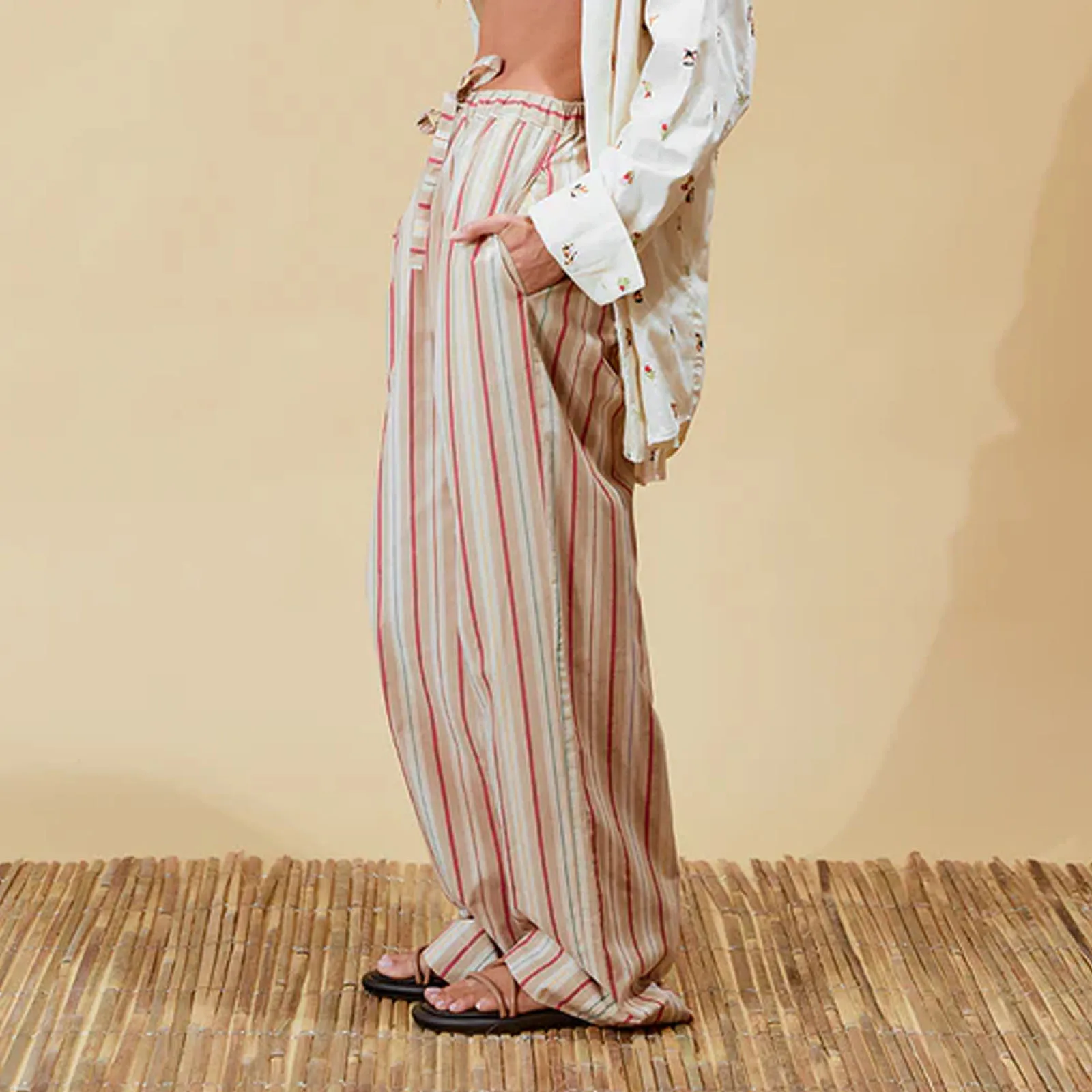 Women Wide Leg Pants Casual Vertical Stripe Print Elastic High Waist Loose Trousers for Work Office Streetwear