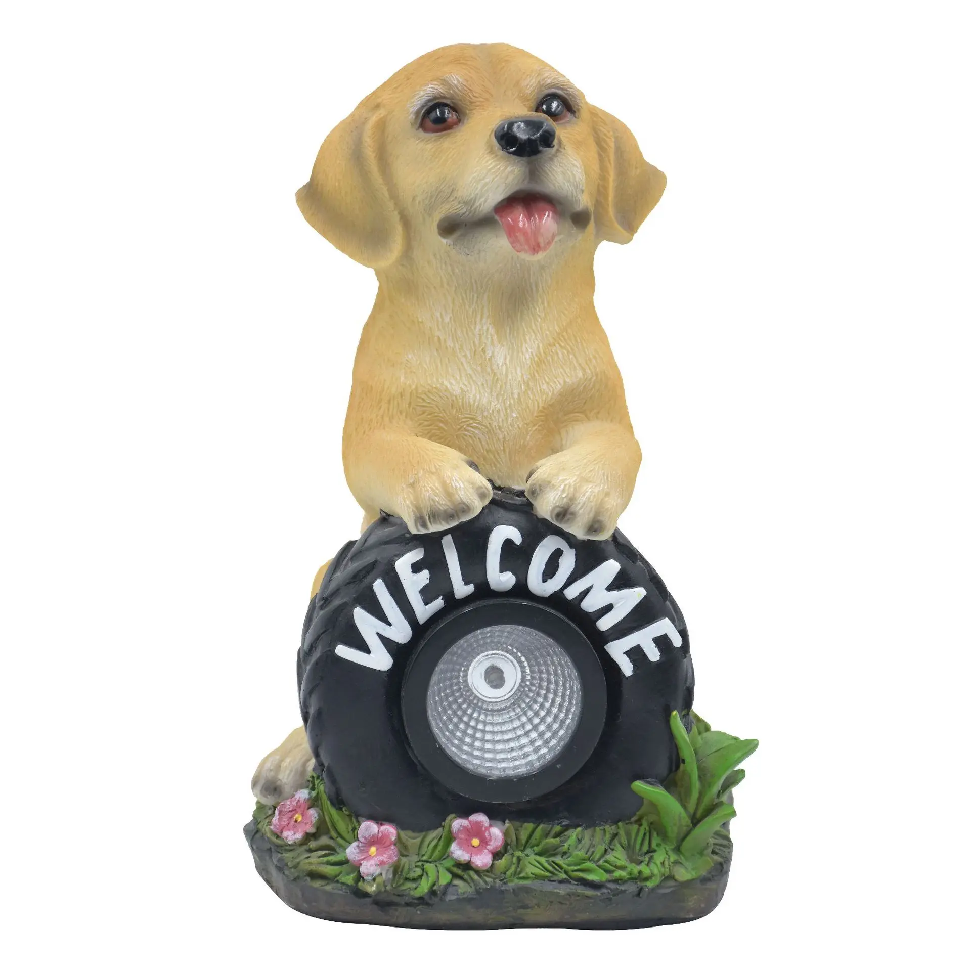 

Solar Garden Dog Statue Welcome Sign with LED Lights Resin Solar Powered Puppy Figurine Decorative Sculpture for Patio Durable