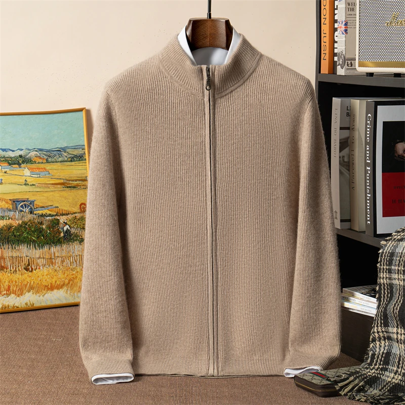 

Простой мужской кашемировый кардиган на молнии с воротником-стойкой, свитер, утепленный 100% кашемировый трикотаж, осенне-зимняя элегантная повседневная верхняя одежда, топ