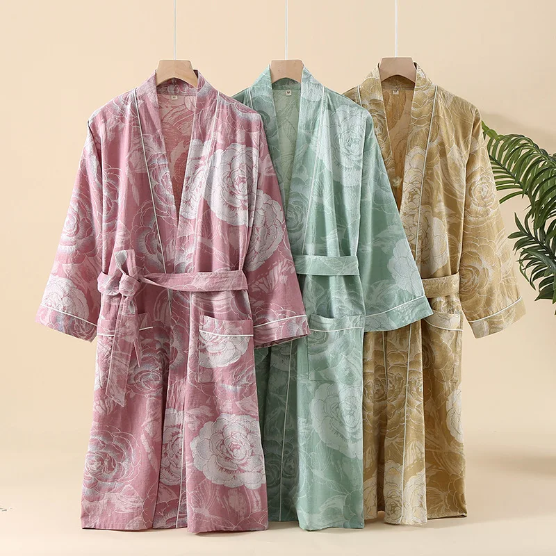 Pure Cotton Double-layer Yarn Bathrobes Color-woven Jacquard Home Nightgown Spring Autumn Thin Kimono Robes Long Sleeve Pajamas