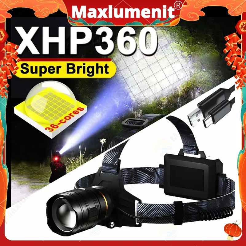 

High Power XHP360 36-Core Headlamp Flashlight 18650 Rechargeable Zoom Head Flashlights Powerful Headlight for Fishing Work Camp