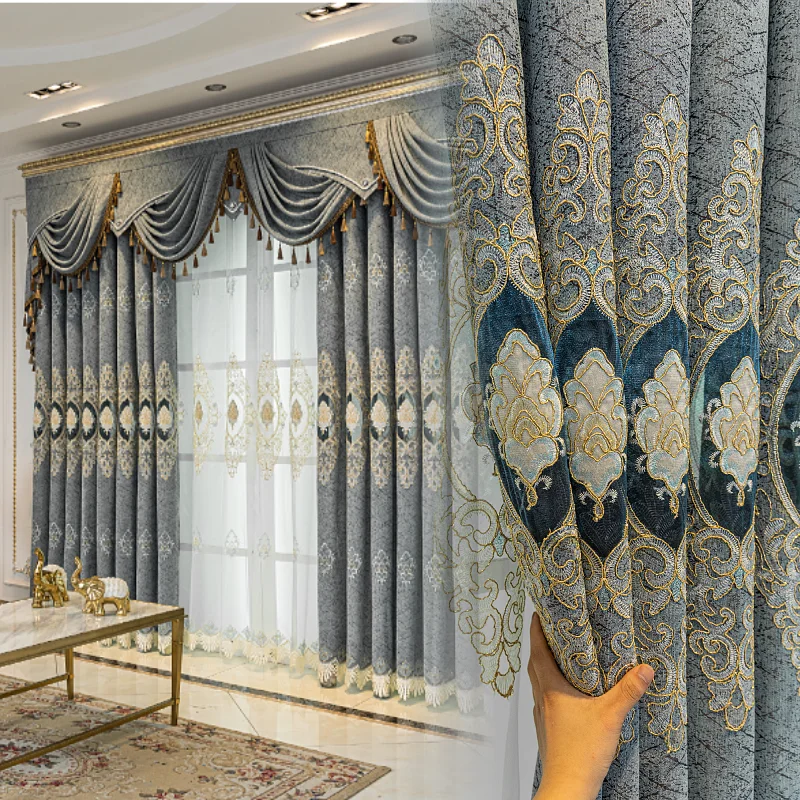 

grey blue embroidery European Chenille cloth curtain tulle valance drape C1300