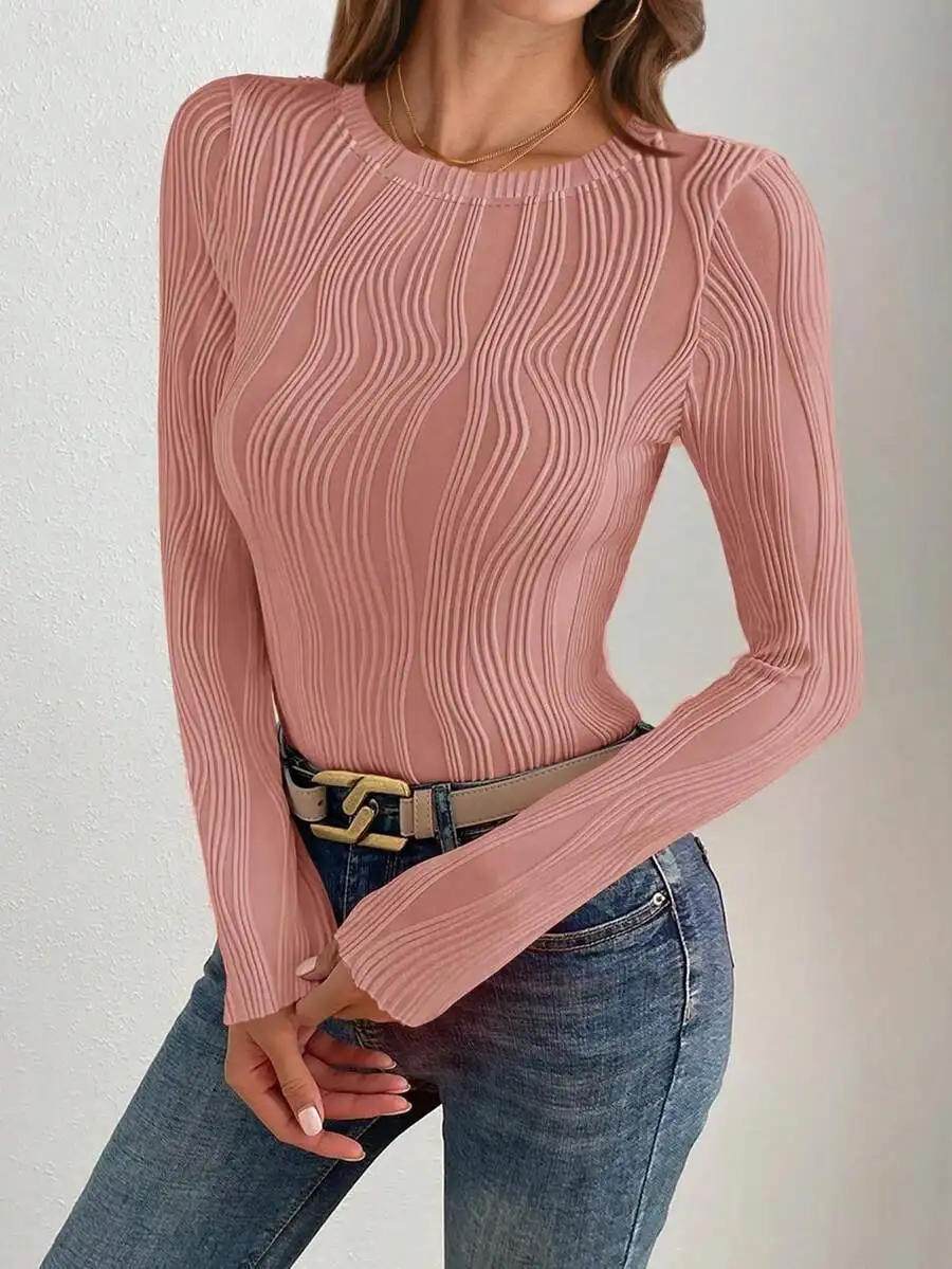 

Womens Solid Color Long Sleeve Round Neck Textured Knit Top Casual Autumn Fashion