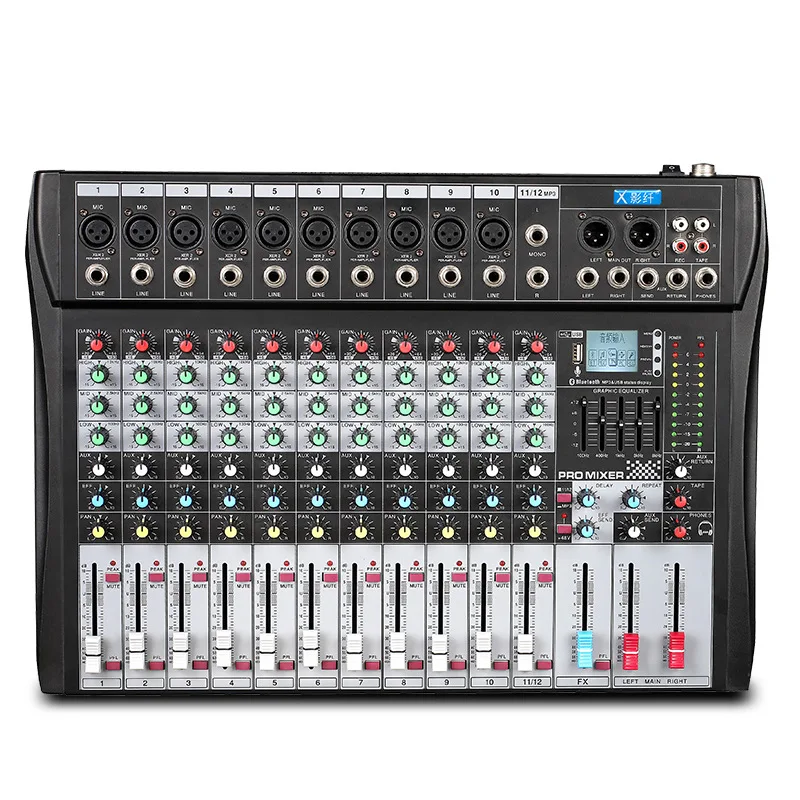 Professional 6/8/12/16 Channel Mixer, USB Bluetooth Reverb EQ for Stage Performance, Conference, Audio Mixing Console