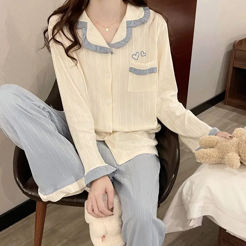 Ruffles Sleepwear Women Pajama Sets Patchwork Long Pants Suit 2 Pieces Piiama Korean Style Full Sleeve Autumn Pocket Night Wears