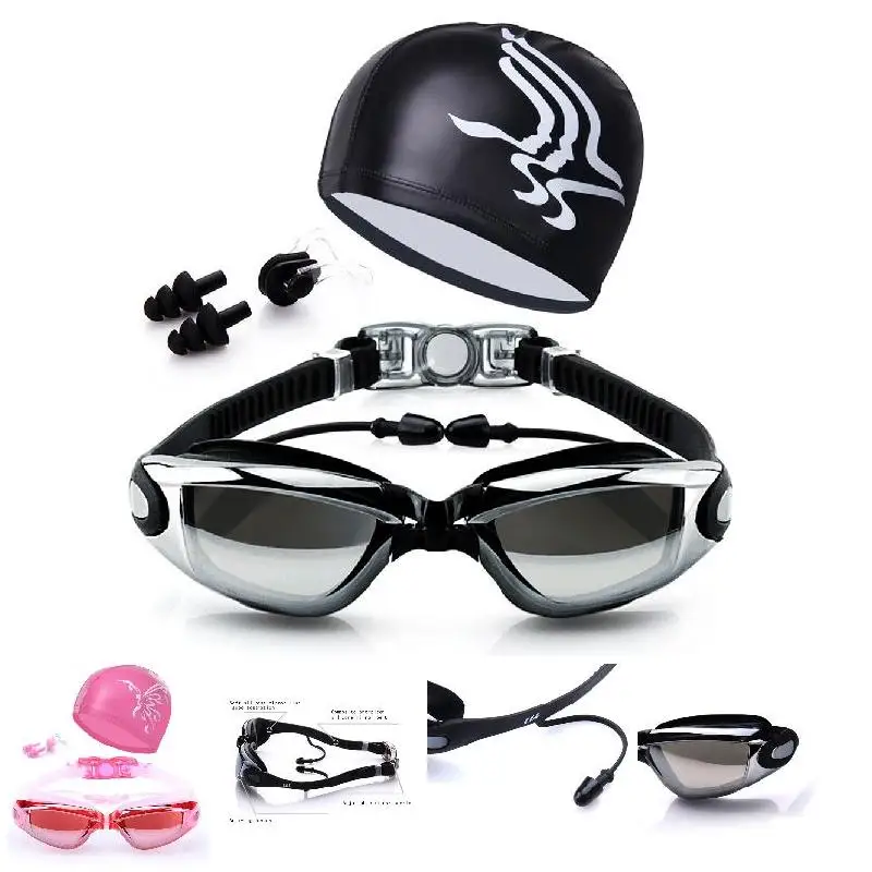 Adult Swimming Glasses Kit Coated Lens Anti Fog Swim Goggles + Cap + Case + Nose Clip + Ear Plugs