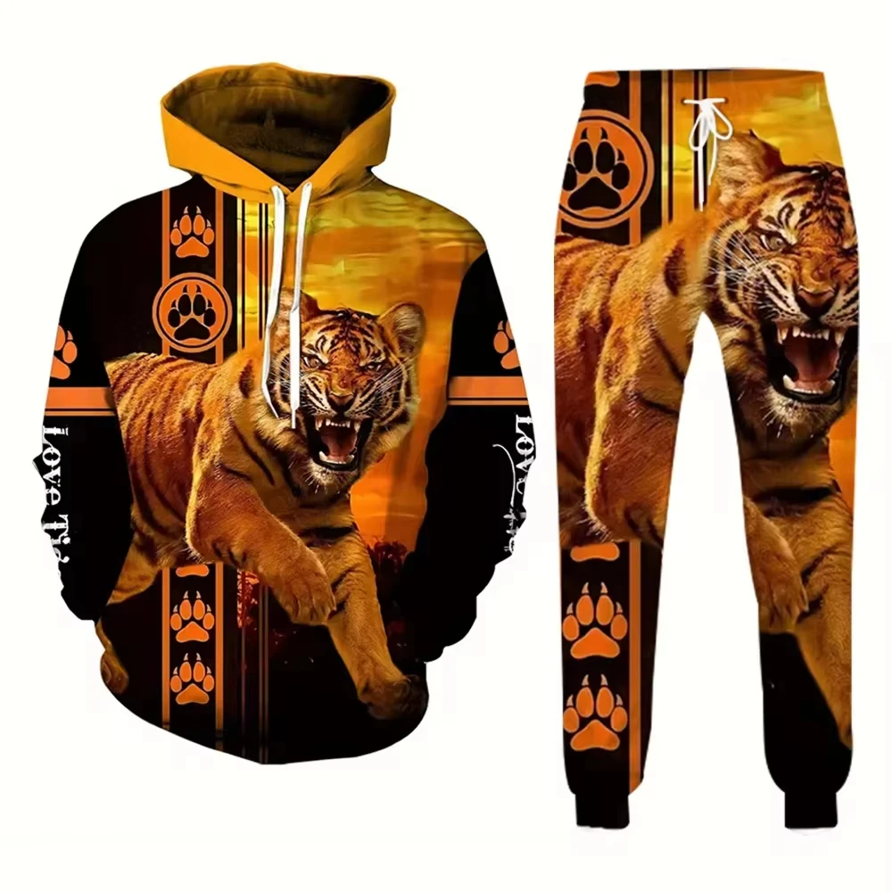 New Autumn Men Hoodie Set 3D Printed Animal Tiger Casual Sportswear HipHop Streetwear Fashion Cool Jogging Long Sleeve Oversized