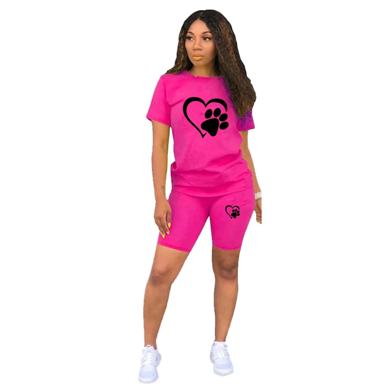 Fashion Cat Paw Printed Women T-shirt and Shorts Two Piece Outfits Sets Tracksuits Sports Wear for Women