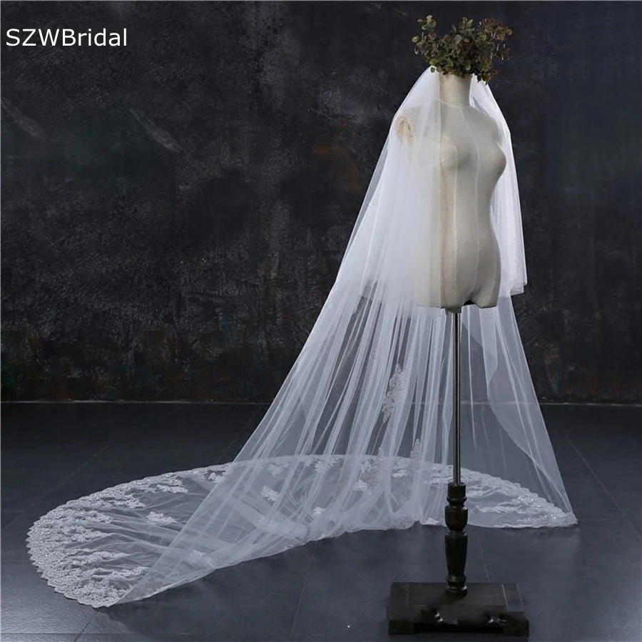 New Arrival Two Layers Cathedral Wedding veils Lace Appliques White Ivory Bridal veil velos de novia boda mariage