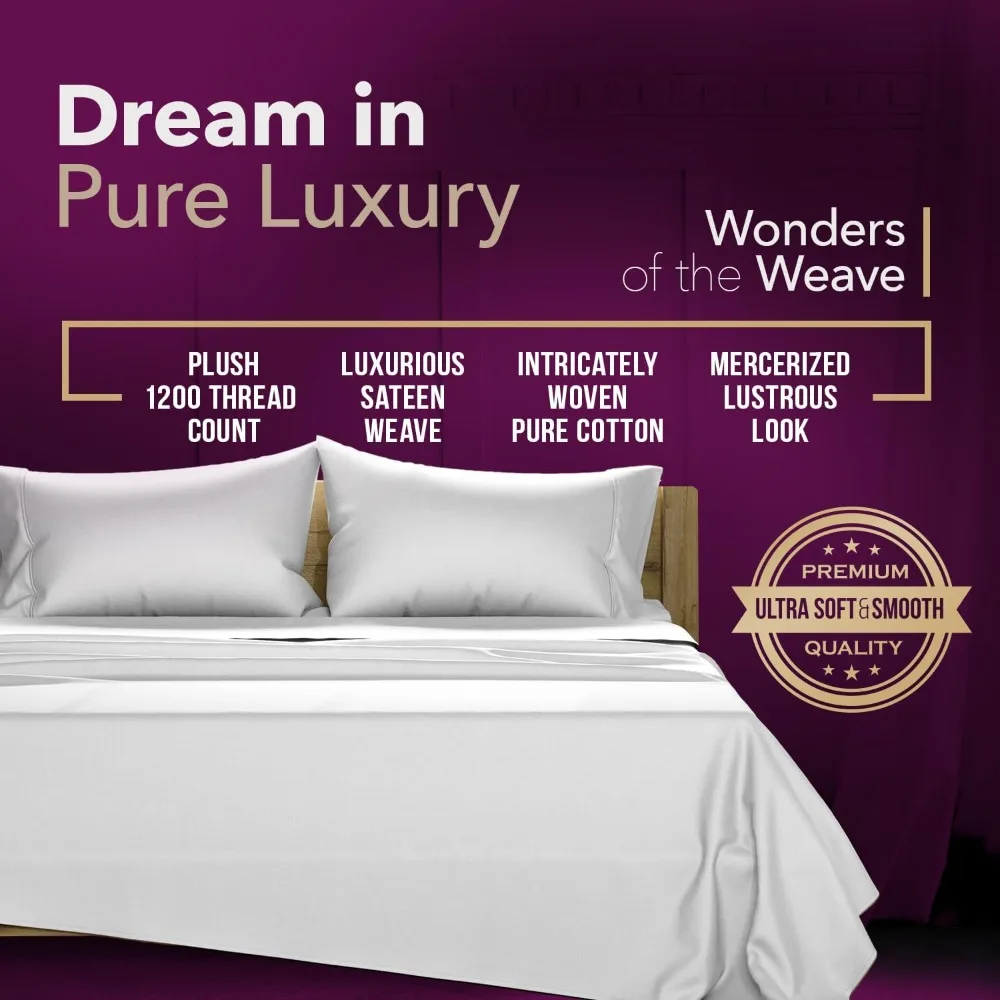 TEXAS LINEN CO. مجموعة ملاءات قطن مصرية 100% مقاس كينج - عدد 1200 ورقة فاخرة من القطن المصري مقاس كينج، 17 عميق P