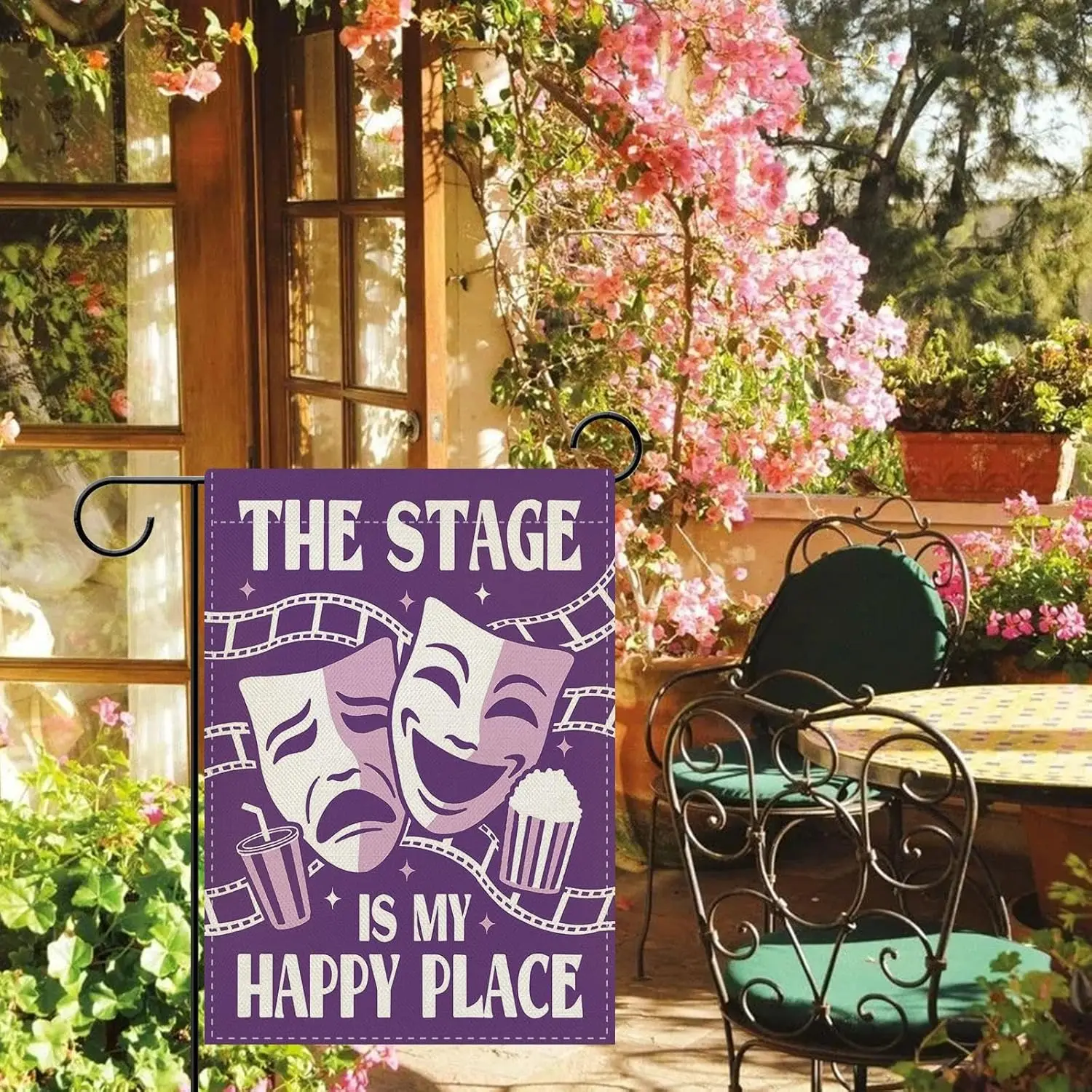 Dyrenson The Stage is My Happy Place Theater Garden Flag, Purple Drama Comedy Tragedy Mask Popcorn Film Reel Yard Outside Ho view 2