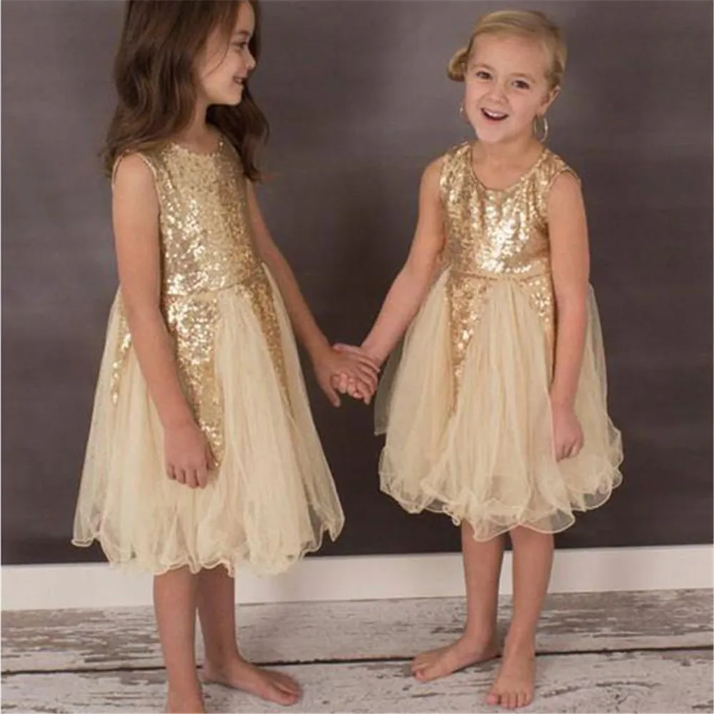 Sparkly Sequins Crew Neck Little Flower Girls' Dresses For Weddings Zipper Back Knee Length Tulle Short Party Pageant Gowns