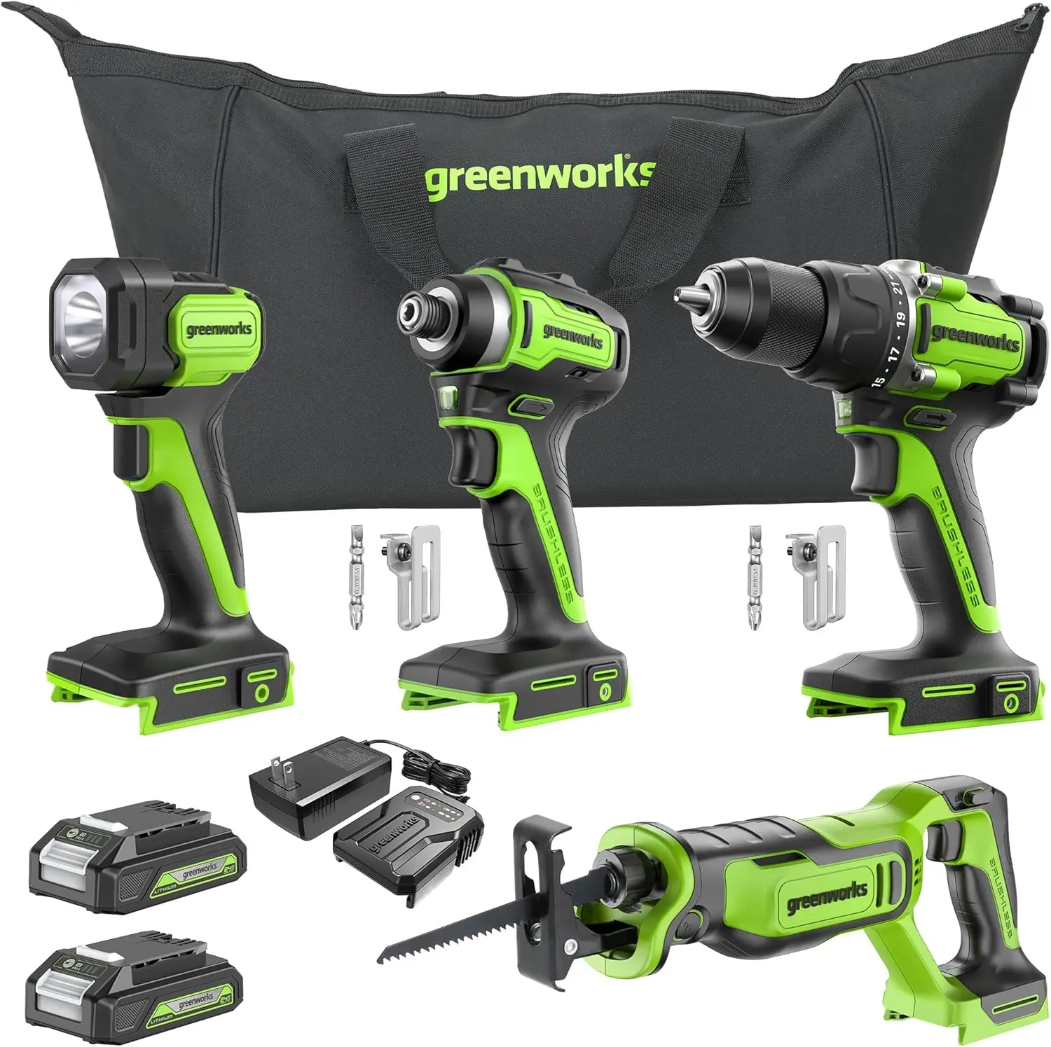 

24V 4pcs Brushless Power Tool Combo Kit, 530 in-lbs 1/2" Drill Driver, 1950 in-lbs 1/4" Impact Driver,3000 SPM Reciprocating Saw