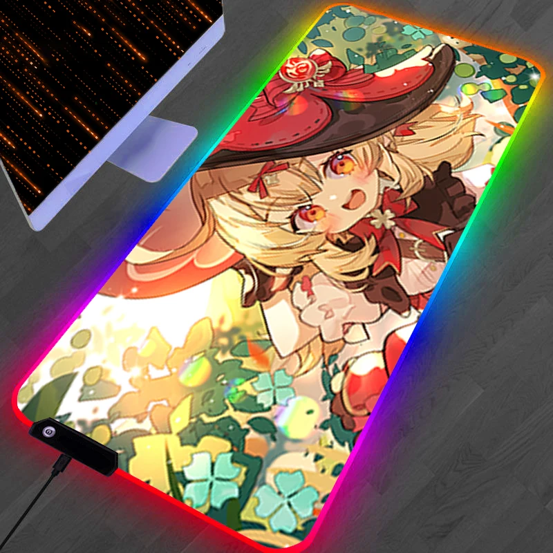 

RGB LED Mouse Pad PC Accessories Mousepad Laptop Non Slip Extended Pad Rubber Keyboard Pad Gaming G-genshin Impact Klee Desk Mat