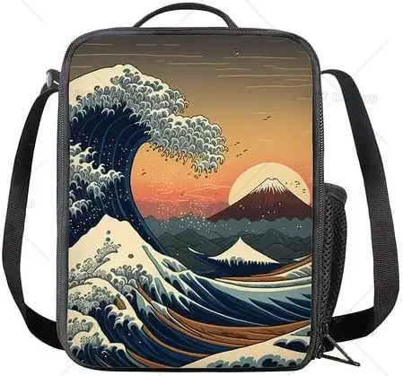 Japanese Big Wave Art Lunch Bag for Women Men Cooler Tote Lunch Box Reusable Insulated Food Container Portable Bag for Outdoor