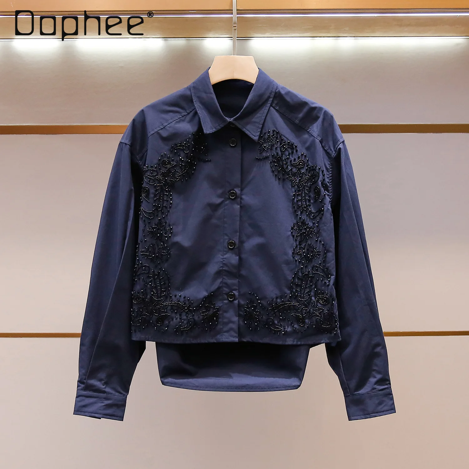 

High-end Women's Shirt Summer New French Temperament Socialite Style Bead Embroidery Long Sleeve Loose Slim Shirt Top Female