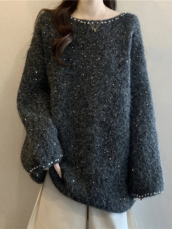 

Shiny Beaded Shoulder Sweater Women's plus Size Mid-Length Cashmere Winter Fashion Commute Style round Neck Long Sleeve Top