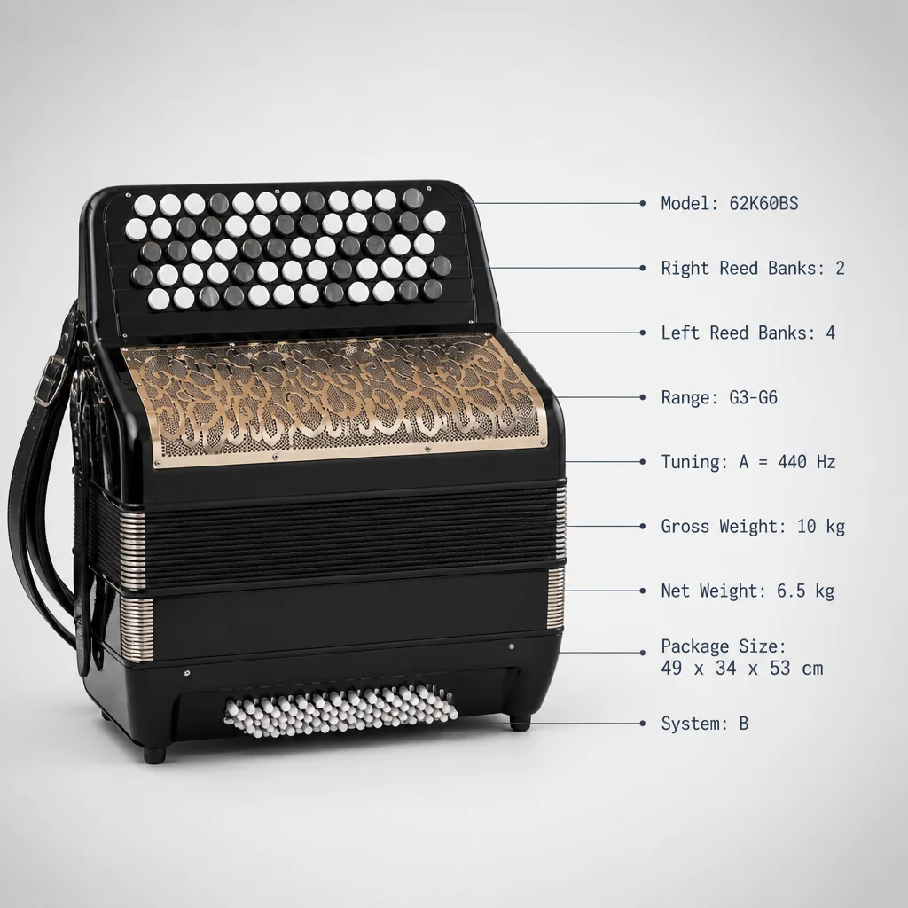 Bayan Button Accordion 60 Bass Russian Standard For Folk & Stage Performance B-System