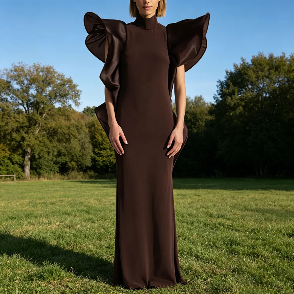 Modern Style Jersey A-line Floor Length Prom Gowns Women's Puff Sleeve High Collar Formal Party Dress Back Zipper Evening Dress