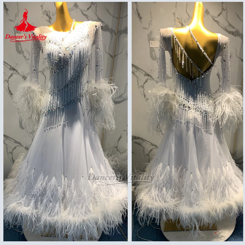 Adult Waltz String of Beads Decoration Contest Dresses Customize Women Ballroom Dance Perform Feather Clothing Dancer's Vitality