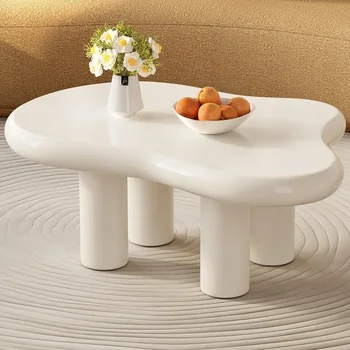 Image 39.37" White Cloud Coffee Table, Modern Coffee Table with 4 Sturdy Support Legs, Sleek White Coffee Table, Round Edge