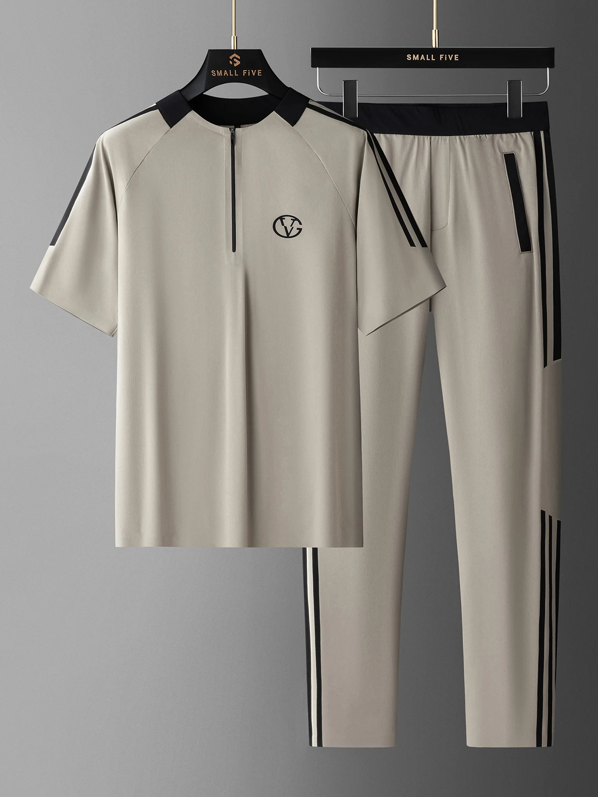 

Мужской комплект из ледяного шелка: быстросохнущий, эластичный, с молнией, короткий рукав, летний повседневный спортивный костюм из двух частей