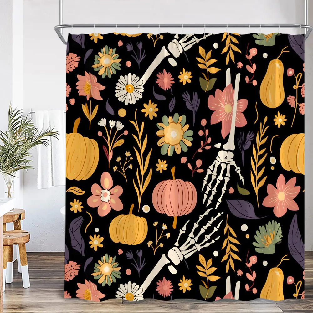 Cartoon Cute Ghost Shower Curtain Rainbow Bat Black Cat Happy Halloween Floral Vintage Bathroom Decor Flannel Bathtub Curtain