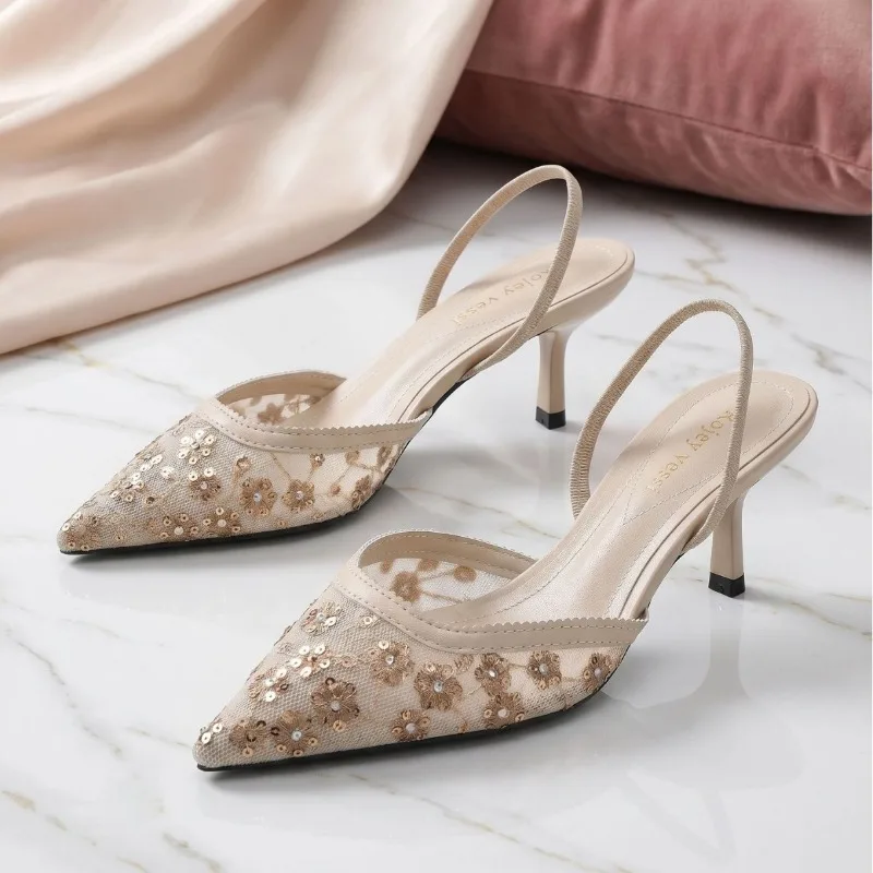 2026 summer new pointed shallow mouth elastic band sandals with bead embroidery and European and American style mesh high heels