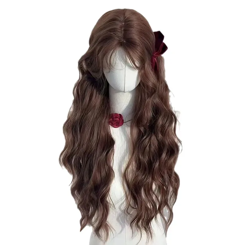 أنثى شعر مستعار الخريف الكستناء البني الصوف لفة كسول مزاجه طويل مجعد الشعر محاكاة غطاء رأس كامل
