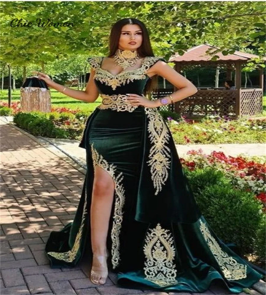 Dubai Moroccan Green Mermaid Evening Dress With Detachable Train Gold Appliques Algerian Velvet Prom Dress Slit Marocain Mariage