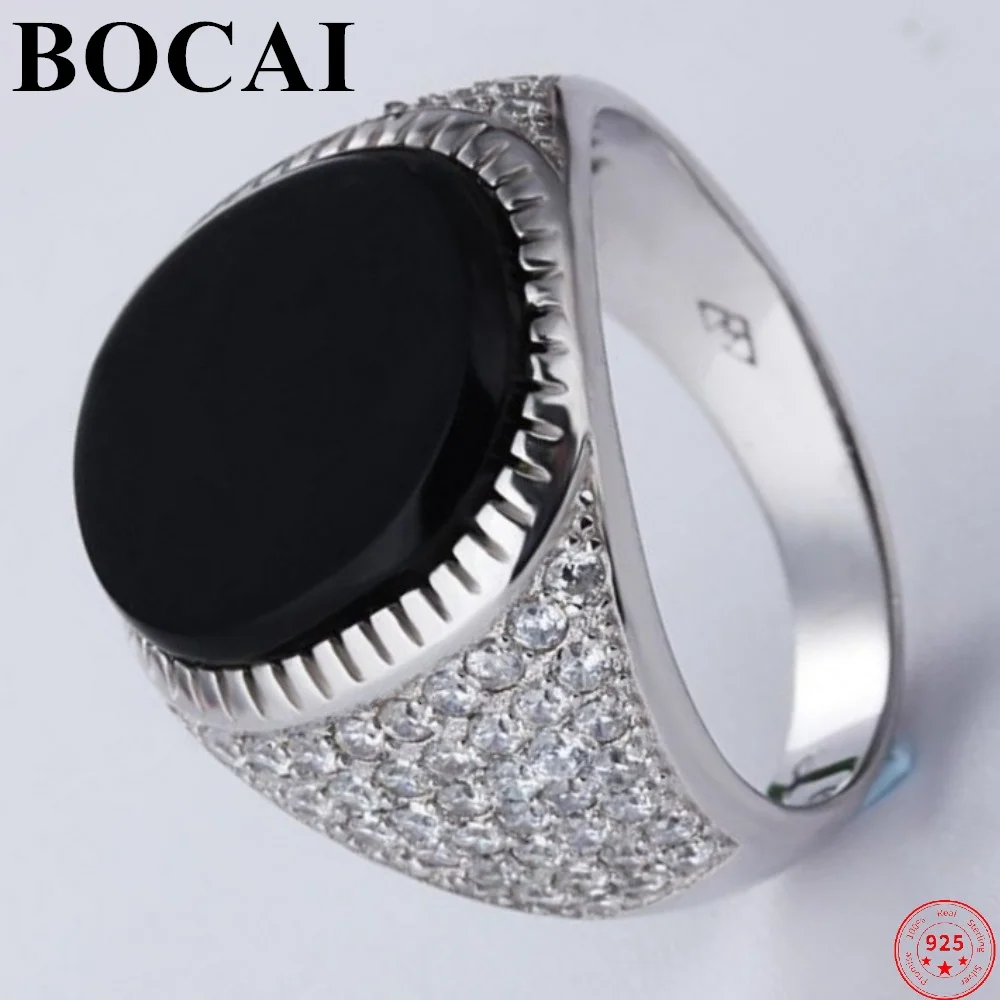 BOCAI S925 Sterling Silver Ring Inlaid Micro Zircon Natural Black Agate Hand  Ornament Pure Argentum Charm Jewelry for Men