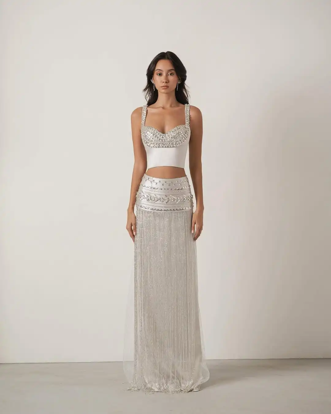 

New Design Sexy Two Piece Mermaid Silver Evening Dress Crop TopSpaghetti Straps Beaded Fringe Satin Mesh Formal Set Prom Gown