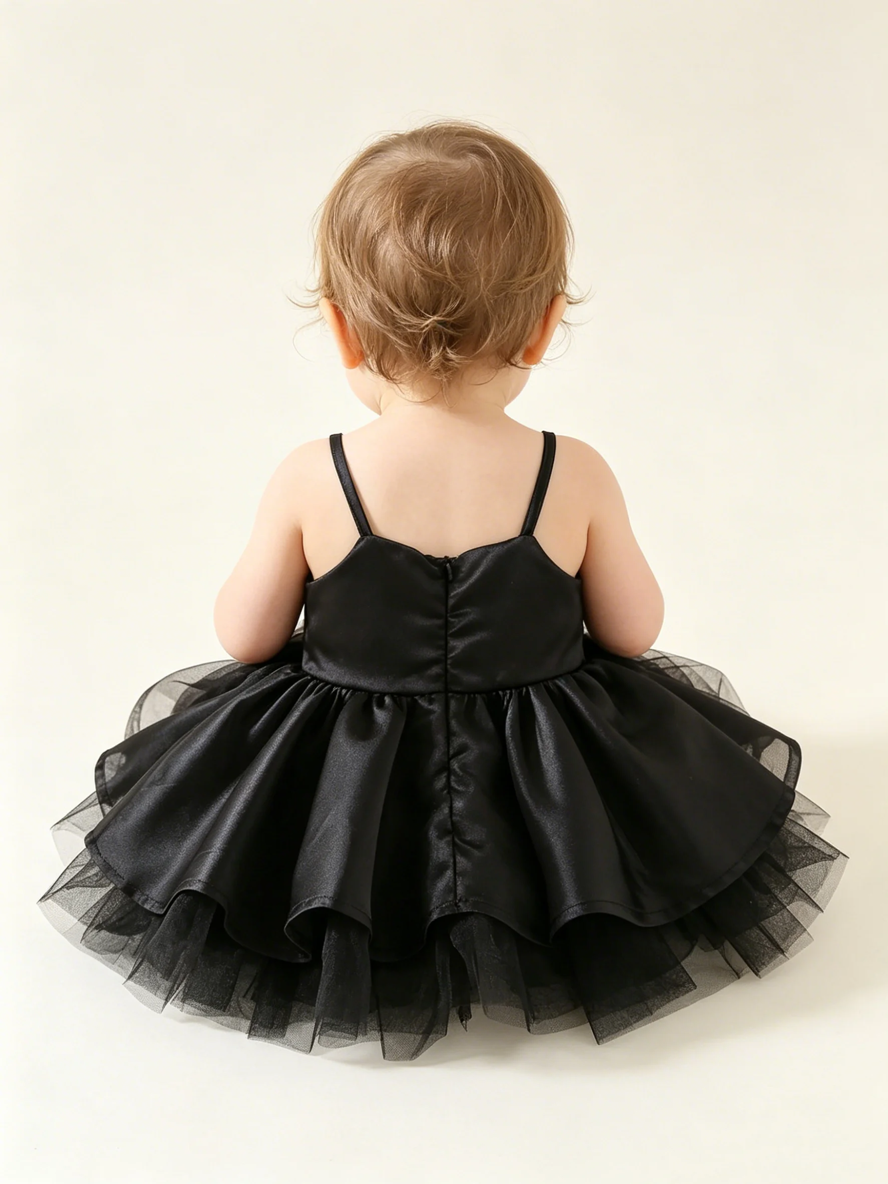 Baby Girl Solid Color Strap Puff Dress Children's Netting Princess Dress One-Year-Old Baby's First Birthday Party Dress