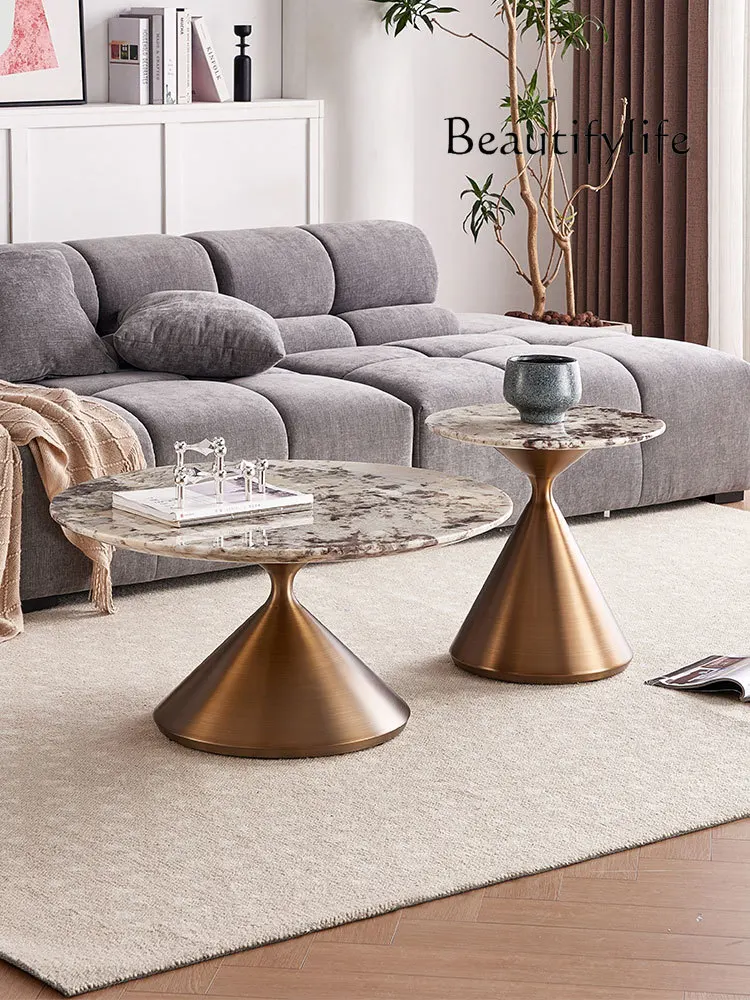 

Living Room Household Light Luxury round Natural Marble Surface Coffee Table Designer Stainless Steel round Table