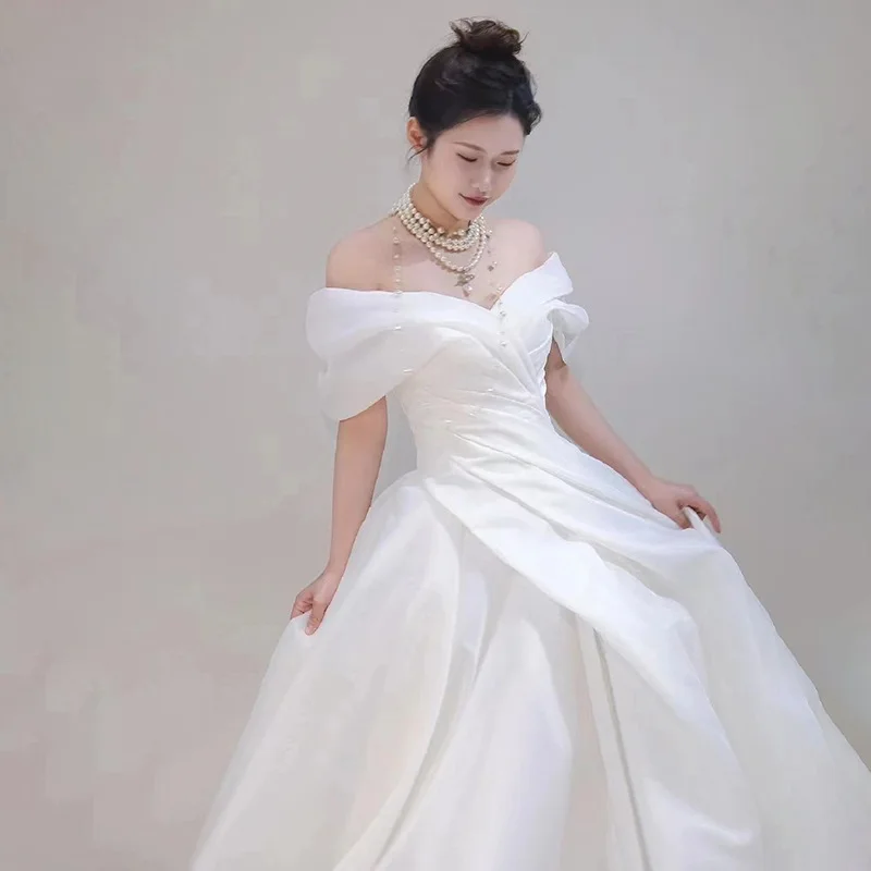 Vestido De Novia De satén con cuello Barco, traje elegante De princesa, longitud hasta el suelo, clásico, novedad De 2024