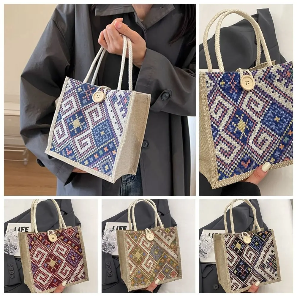 Embroidery Ethnic Style Canvas Bag Print Portable Linen Handbag Storage Bag Large Capacity Printing Cloth Lunch Bag Children