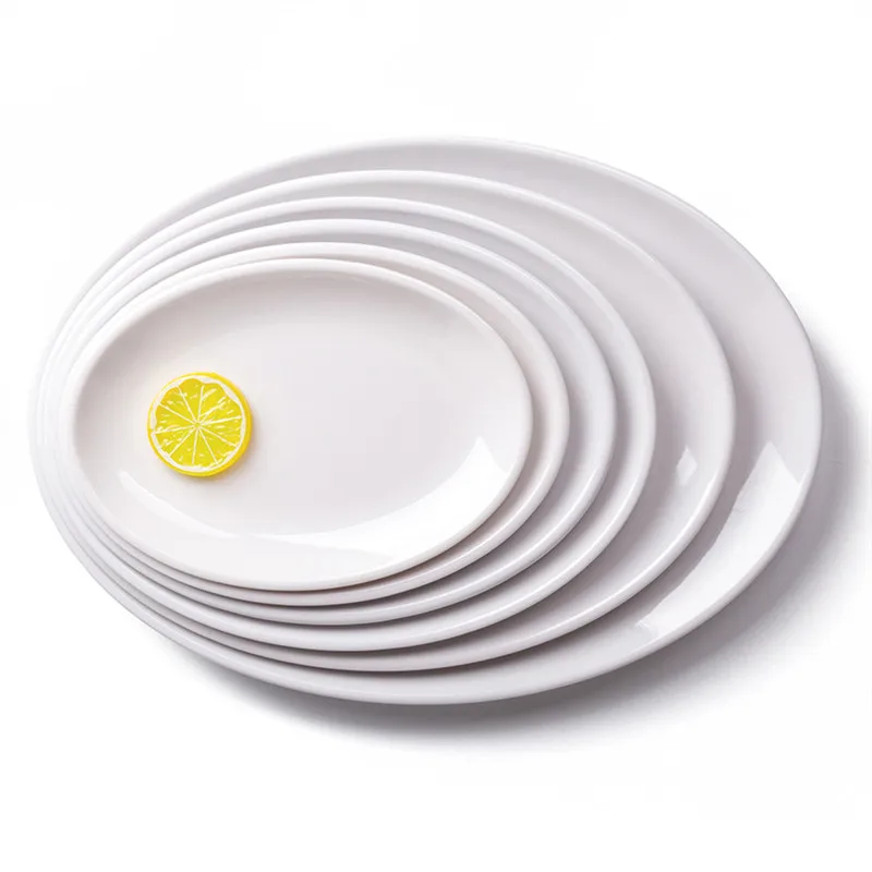 9-14 inch Oval White Melamine Plates Dinner Set Imitation Porcelain Dish Flat Steak Trays Kitchen Hotel Table Service Durable