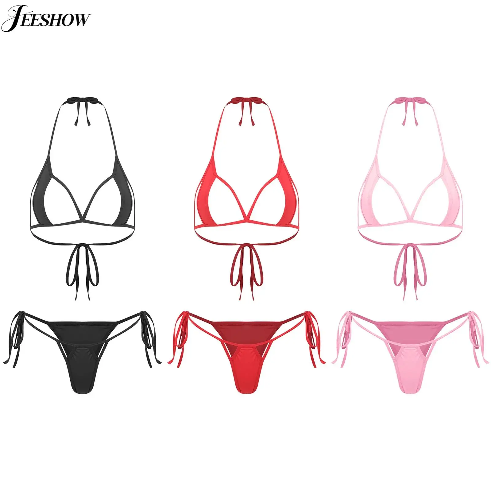 

Женский экстремальный комплект микро бикини на шнуровке с лямкой на шее, ажурный бюстгальтер бикини с низкой посадкой и Т-образной спинкой, стринги, пляжный купальник для вечеринки у бассейна