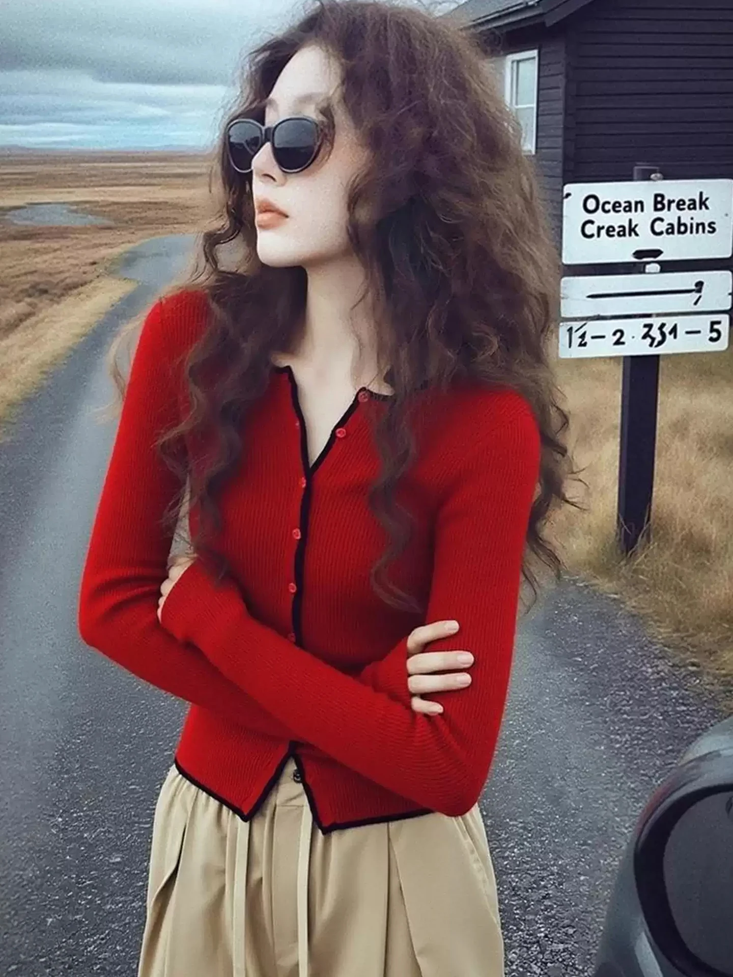 

Red Camere Knitted Sweater Single-Button Design Slim Fit Long Sve Winter Cardigan Soft Korean Sle Commute Faion