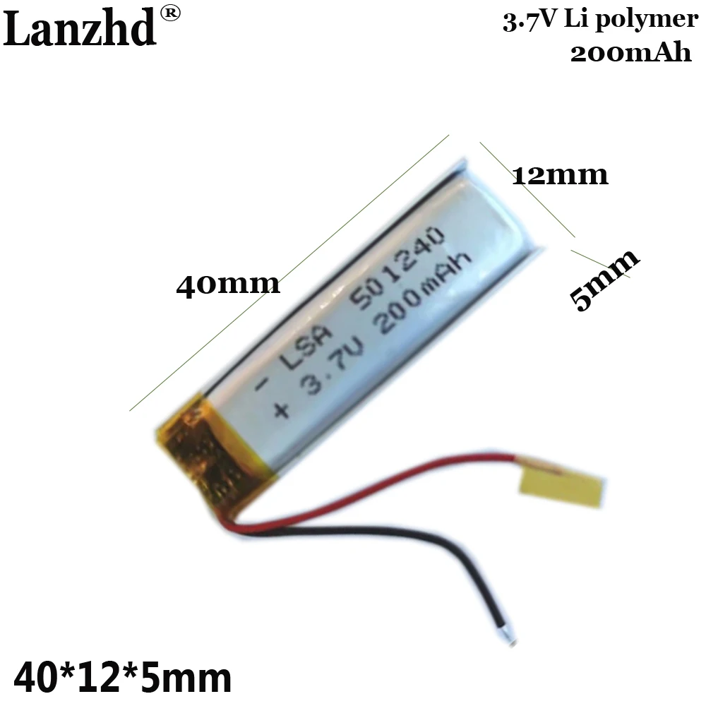 

Rechargeable battery 501240 polymer lithium battery 200MAH, 3.7V For smart wearable Bluetooth headphones, beauty device