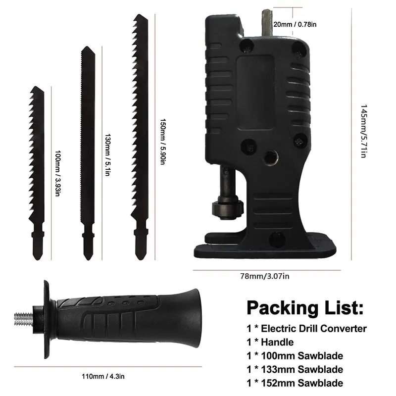 Portable Reciprocating Electric Saw Adapter Electric Drill Modified Tool Attachment with 3 Saw Blades for Wood Metal Cutting