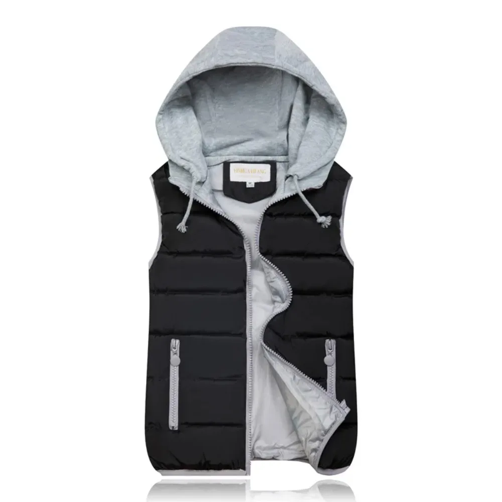 Women Parkas Hooded Sleeveless Vest Down Jacket Patchwork Spliced Cardigan Outerwear Zipper Loose Draw String Pockets Autumn