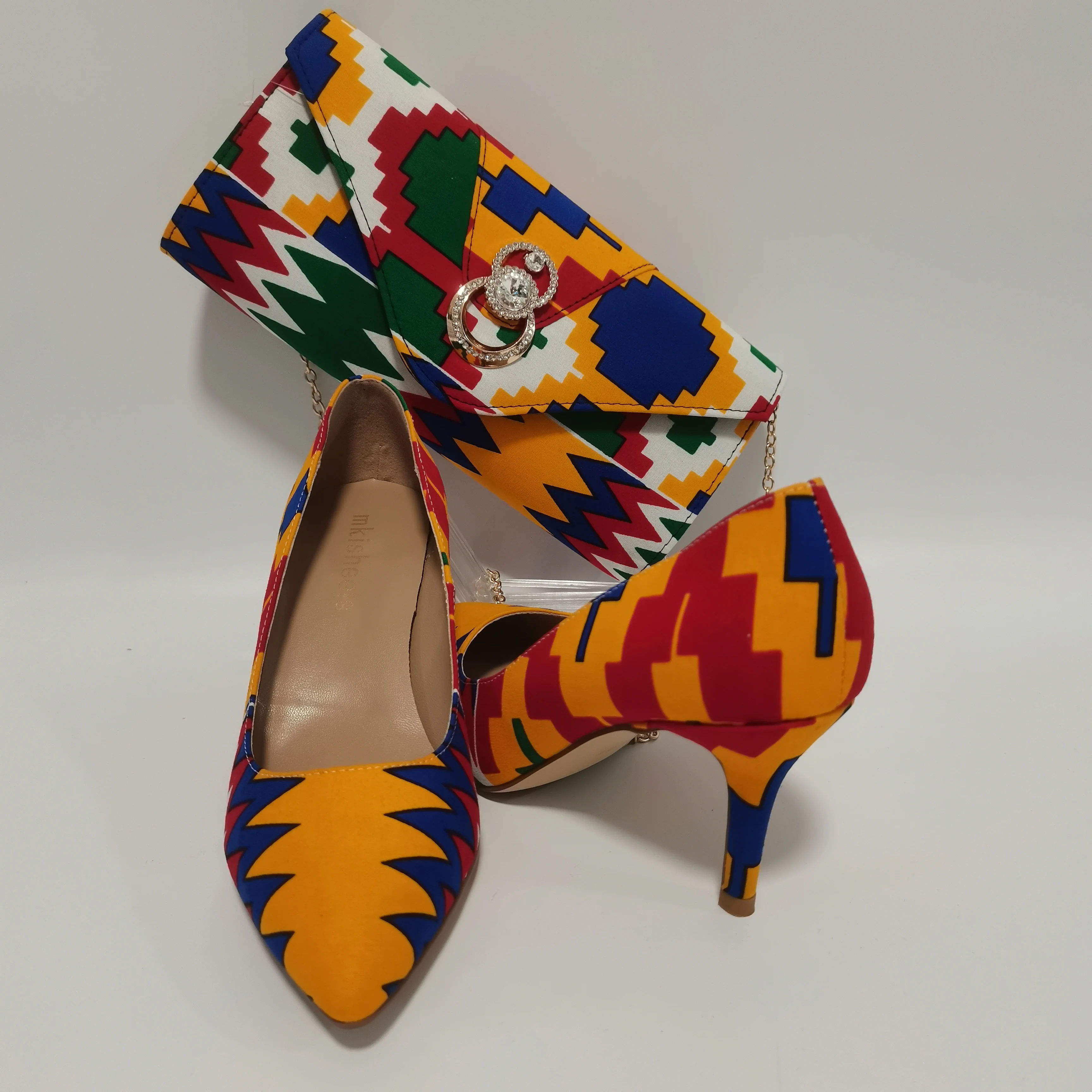 New Pretty Shoes And Purse African Kente Wax Prints Fashion Ankara Bag Match Wax Fabric Women High Heels Shoes 37-42  For Party