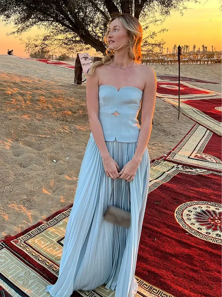 Elegant Blue Patchwork Pleated Dress Women Sexy Off Shoulder Sleeveless Slim Long Dresses 2024 New Fashion Female Party Robes