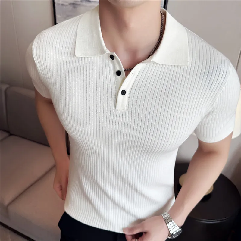 High Stretch Men Striped Knitted Polo Shirt Short Sleeved Summer Light and Thin Slim Fit Top Solid Casual T-shirt Men Clothing