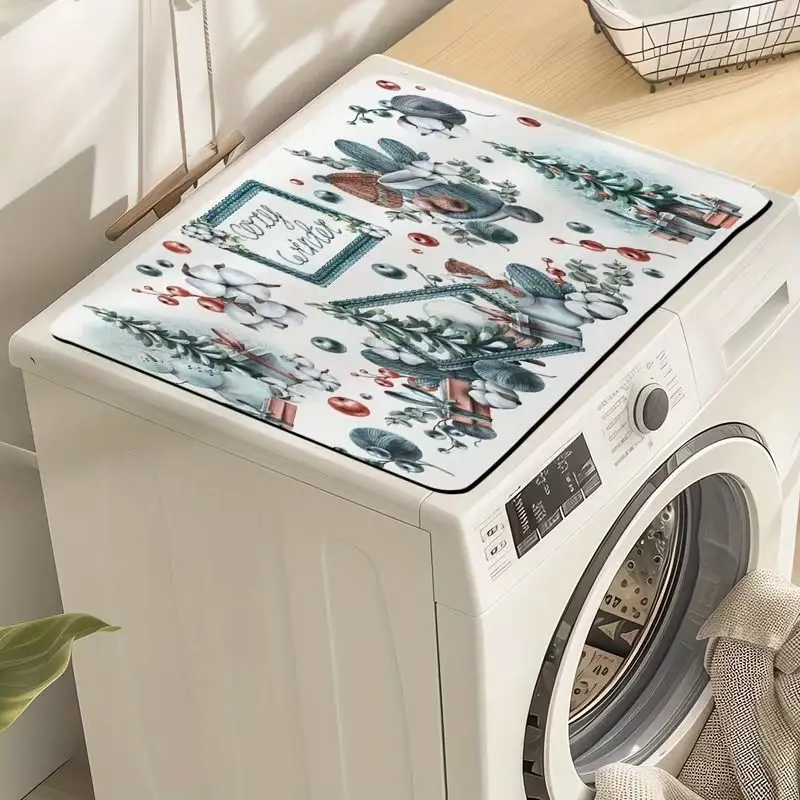 VIKAMA Watercolor Greenery Red Berries Christmas Washing Machine Cover Mat Non-Slip Dustproof Dryer Top Protector Pad Home Decor