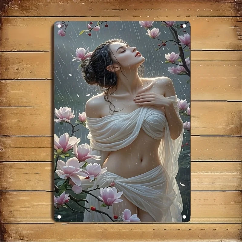 Chinese Style Metal Wall Art Decor - Traditional Woman Cherry Blossom Iron Sign for Home Office Cafe Bar, Elegant Asian Wall Po